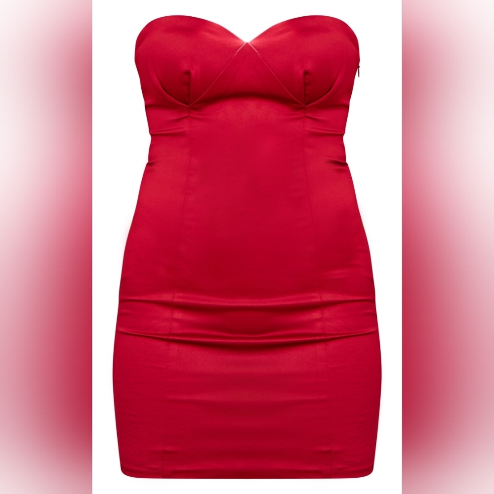 New! PrettyLittleThing Red Satin Strapless Bandeau Cup Mini Dress 12 Note Fabric